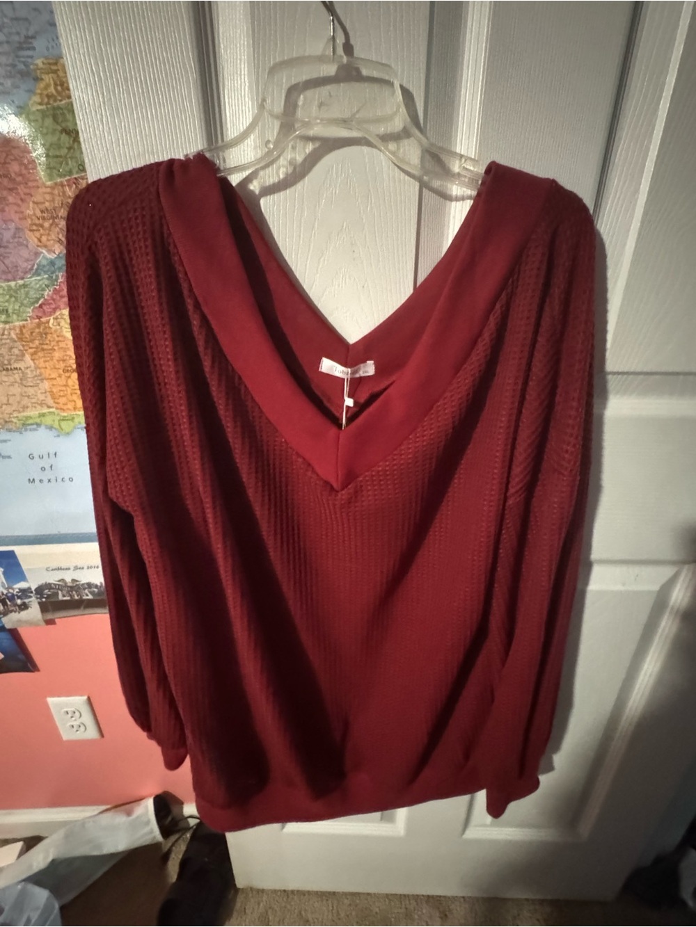 Reef Women's Burgundy V-Neck Waffle Knit Sweater